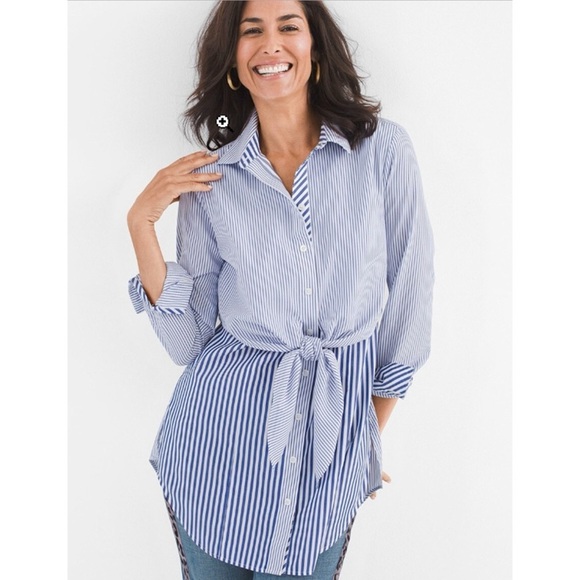 CHICOS TUNIC TOP STRIPED TIE WAIST LONG SLEEVES COASTAL GRANDMA NAUTICAL 8-10 - Picture 1 of 12